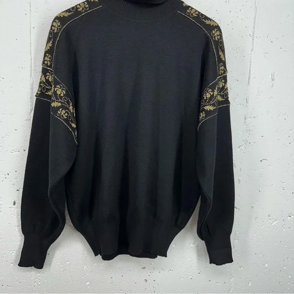 Vintage David Meister Large Wool Blend Black Metallic Gold Turtleneck Sweater - Picture 4 of 15